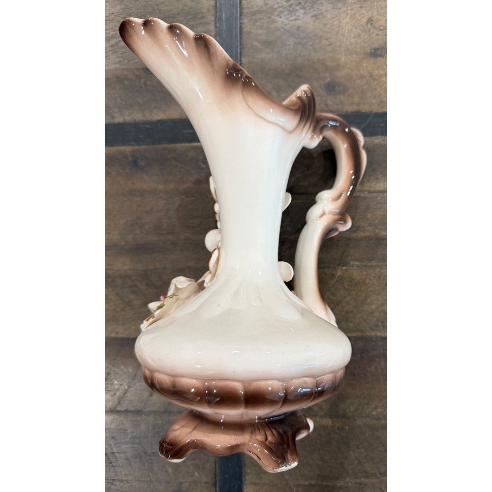 Vintage Ceramic Floral Pitcher Vase 3D Applied Flowers Cream Brown 10 Inch - Picture 2 of 5